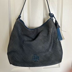 Tory Burch Thea Woven Leather Blue Shoulder Purse Bag